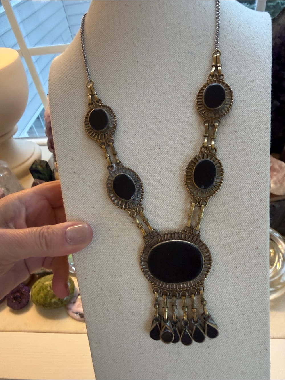 Vintage-Inspired Ethnic Obsidian Onyx Black and Gold Statement Necklace
